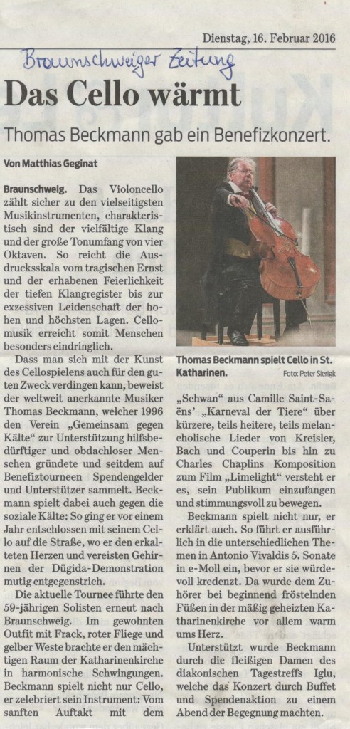 Beckmann spielt Cello in St. Katharinen, Febr 2016
